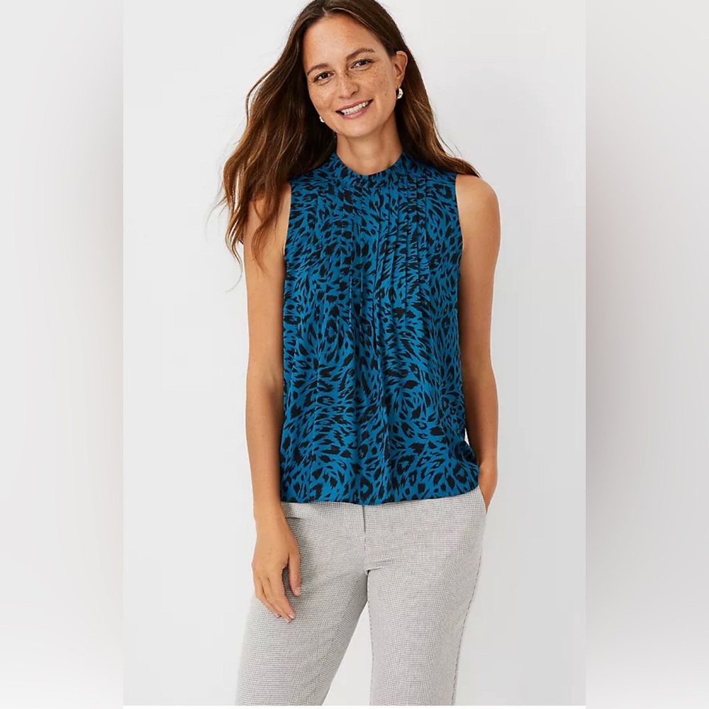 Ann Taylor Animal Print Pintucked Mock Neck tank top, size M
